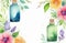 watercolor illustration of unbranded essence oil bottles on floral background with copy space