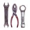 Watercolor illustration with a variety of tools for repair. Pliers, hammer, saw, screwdrivers, protective gloves, nails, screws, s