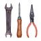 Watercolor illustration with a variety of tools for repair. Pliers, hammer, saw, screwdrivers, protective gloves, nails, screws, s