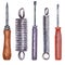 Watercolor illustration with a variety of tools for repair. Pliers, hammer, saw, screwdrivers, protective gloves, nails, screws, s