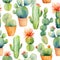 Watercolor illustration of various cacti on a white background.