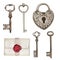 Watercolor illustration of vintage lock and keys