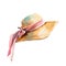 Watercolor illustration.vintage straw women's hat with pink ribbons. Isolated on a white background