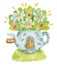 Watercolor illustration. Watercolor teapot, house with flowers. Watercolor illustration for - greeting cards