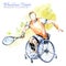 Watercolor illustration. Wheelchair Tennis sport. Figure of disabled athlete in the wheelchair with a racket. Active