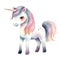 Watercolor illustration of a whimsical unicorn pony isolated on white background