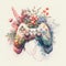 Watercolor illustration of a white gaming controller holding flowers