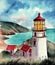 Watercolor illustration of a white lighthouse on a grassy hill