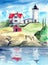 Watercolor illustration of a white lighthouse on a grassy hill