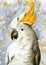 Watercolor illustration of a white parrot cockatoo with a yellow tufted head