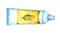 Watercolor illustration of a white pipe with a yellow label and corn on it.