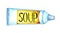 Watercolor illustration of a white pipe with a yellow label and the word soup on it.