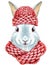 Watercolor illustration of a white rabbit n a knitted pink hat and scarf