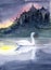 Watercolor illustration of a white swan on a misty lake at dusk, with a dark wooded shore