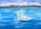 Watercolor illustration of a white swan swimming on a bright blue lake