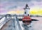Watercolor illustration of a white Tarrytown lighthouse on a red base