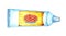 Watercolor illustration of a white tube with a yellow label and cherry pie on it.