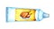 Watercolor illustration of a white tube with a yellow label and a turkey on it.