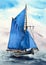 Watercolor illustration of a white yacht with bright blue sails