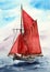 Watercolor illustration of a white yacht with bright red sails