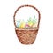 Watercolor illustration of a wicker Easter brown basket