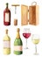 Watercolor illustration - wine bottles. Red, white, rose.