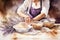 watercolor illustration woman kneads the dough