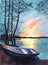 Watercolor illustration of a wooden fishing boat on the shore of a blue lake