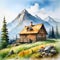 Watercolor illustration of wooden house and mountains