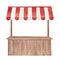 Watercolor illustration of wooden stall with red and white striped canopy, front view.