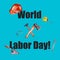 watercolor illustration.World Labor Day concept with stylish text and tools for workers on a blue background