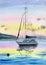 Watercolor illustration of a yacht with lowered sails on a sunset
