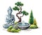 Watercolor illustration of zen garden with buddha statue, bonsai tree and fountain. Spiritual nature landscape, isolated on white