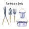 Watercolor illustrations of gardening tools: shovel, rake, metal bucket, basin and scissors. Hand painted clipart