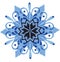 Watercolor image of beautiful patterned blue snowflake with black center isolated on white background. Frozen elegant