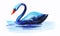 Watercolor image of beautiful swan swimming in pure blue pond. Wild graceful bird with long curved neck reflected on water surface