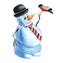 Watercolor image of cartoon snowman with bullfinch sitting on its arm-stick. Cute snowman wears black hat and striped tie. Hand