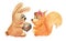 Watercolor image of cute cartoon rabbit giving big whole hazelnut to lovely squirrel with big eyes, fluffy tail and bow on her