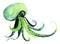 Watercolor image of cute green octopus isolated on white background. Dangerous sea animal with long tentacles. Hand