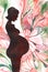 Watercolor image of dark silhouette of pregnant naked woman depicted in profile against big colorful flowers. Hand drawn