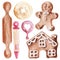 Watercolor image of gingerbread figures and men and tools for their preparation