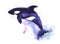 Watercolor image of killer whale on white background with blue paint splashes and spots. Hand drawn illustration of big white and