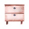 Watercolor image of pink chest of drawers with black round handles. Piece of modern furniture isolated on white