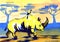 Watercolor image of rhinoceros with bird on its back walking across savanna. Hand drawn illustration of dangerous wild