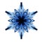 Watercolor image of single blue snowflake with dark edges and center isolated on white background. Hand drawn