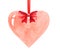 Watercolor image of single gentle pink heart hanging on red ribbon with cute bow. Symbol of love isolated on white background.