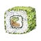 Watercolor image of sushi roll uramaki  with tobiko and avocado