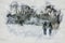 Watercolor image of two people hand in hand walking in winter landscape with naked trees and snow flakes.