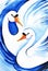 Watercolor image of two white swans against brush stroke blue background. Pair of two graceful birds swimming together. Hand drawn