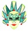 Watercolor image of Venetian ornate mask of green shades with mysterious smile on bright red lips. Hand drawn disguise